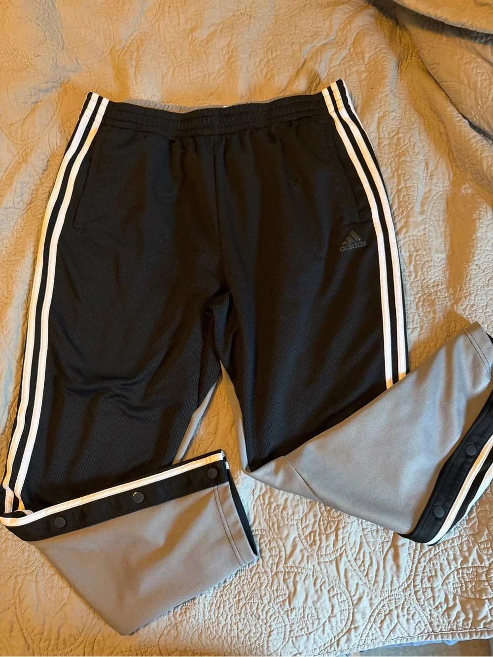 Adidas men’s Black Snap-Trim Track Pants with Classic 3 White Stripes